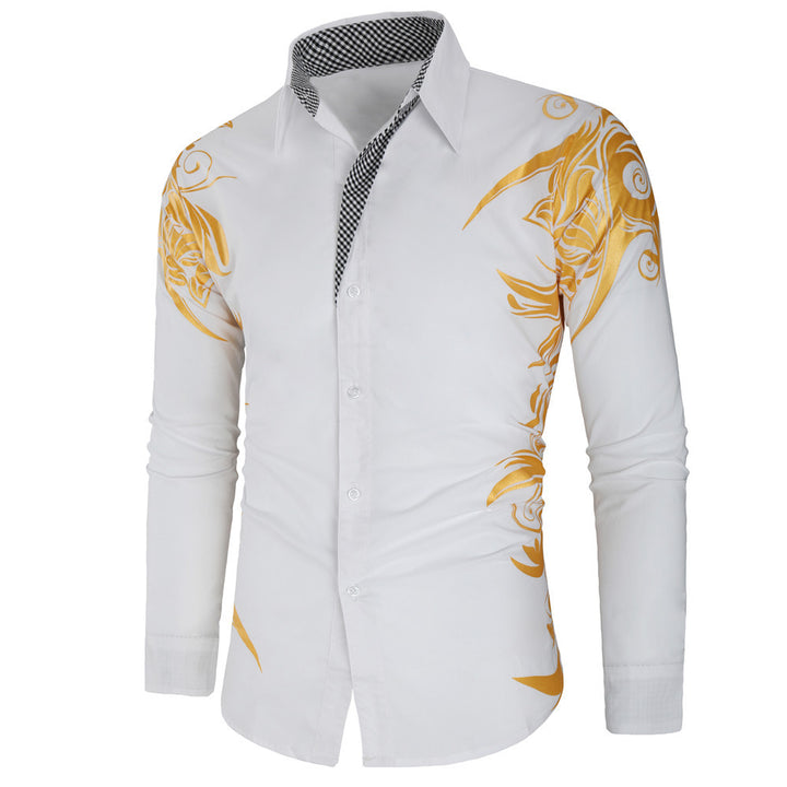 Men's Fitted Button-Down Shirt with Gold-Embellished Ornamentation and Contrasting Inner Collar Mune Fashion
