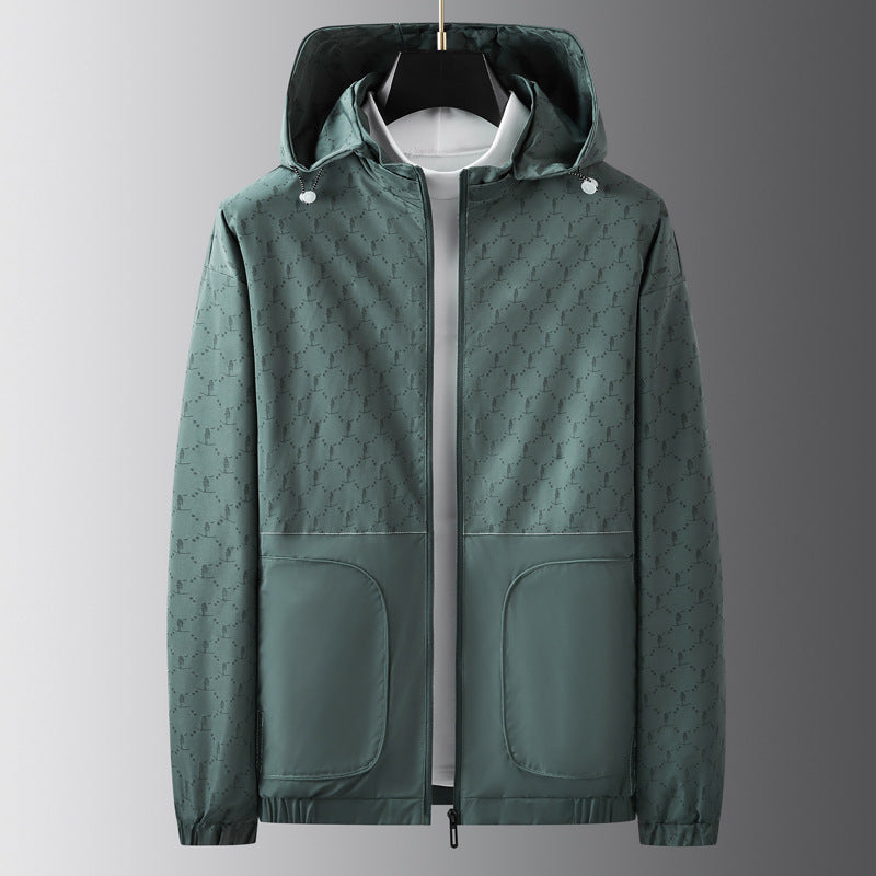 Men's Light Water-Repellent Hooded Outdoor Jacket with Allover Pattern and Large Pockets Mune Fashion