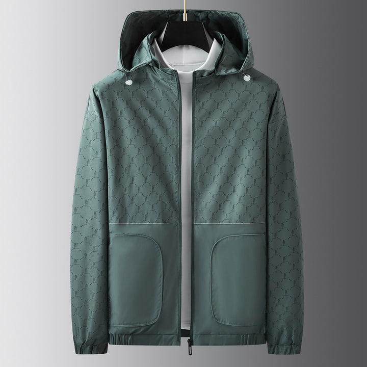 Men's Light Water-Repellent Hooded Outdoor Jacket with Allover Pattern and Large Pockets Mune Fashion