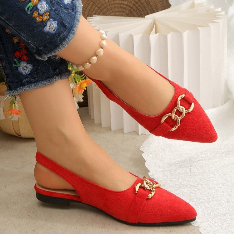 Women's ballerinas with ankle strap, pointed cap and golden chain decoration Mune Fashion