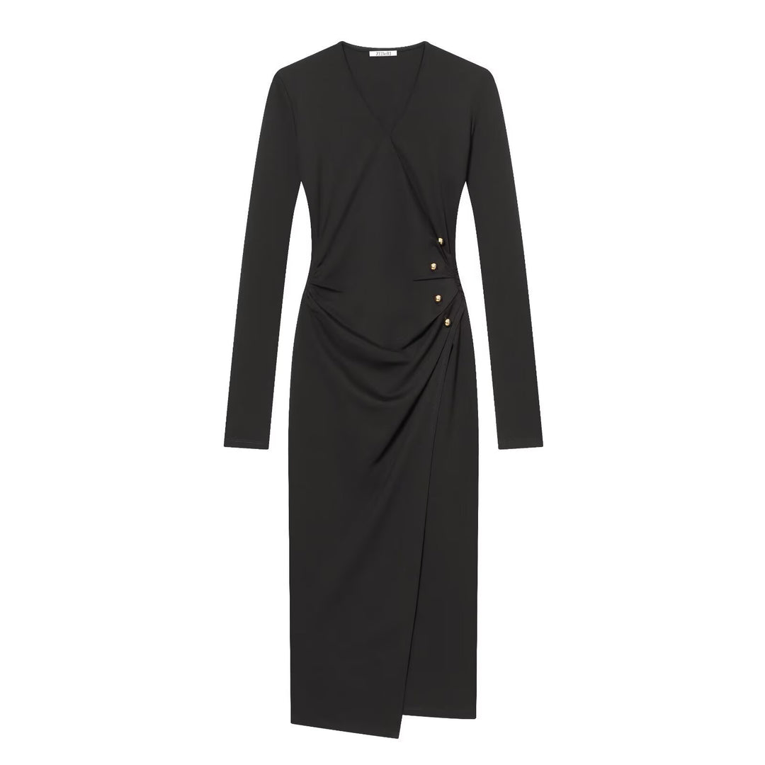Women’s wrap dress with draping, lateral ornamental button placket and V-neck Mune Fashion