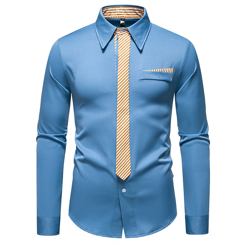 Men's Slim-Fit Business Shirt with Integrated Tie Look and Chest Pocket Mune Fashion
