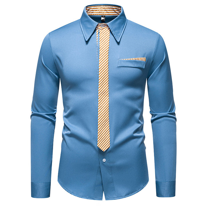 Men's Slim-Fit Business Shirt with Integrated Tie Look and Chest Pocket Mune Fashion