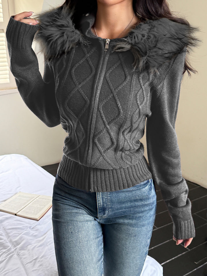 Ladies fitted cable pattern cardigan with full zip and detachable faux fur hood Mune Fashion