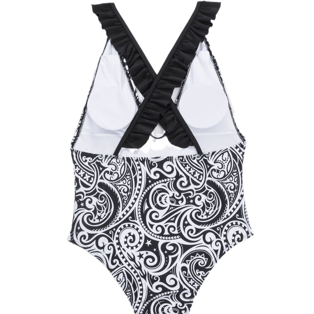 Women’s Fashionable One-Piece Swimsuit with Deep Neckline and Floral Decorations Mune Fashion