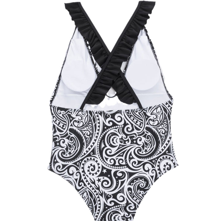 Women’s Fashionable One-Piece Swimsuit with Deep Neckline and Floral Decorations Mune Fashion