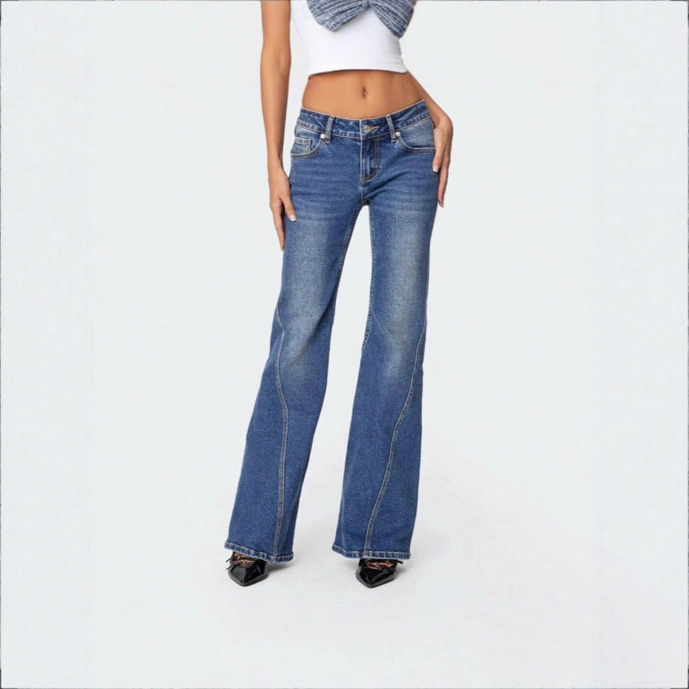 Ladies High-Waisted Vintage Flared Jeans with Slim Hip Section and Vertical Seam Mune Fashion