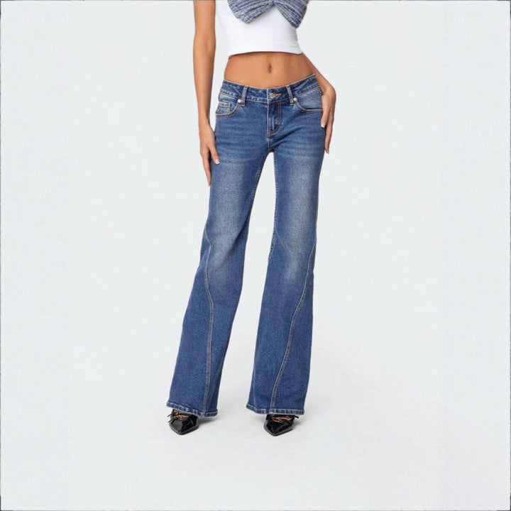 Ladies High-Waisted Vintage Flared Jeans with Slim Hip Section and Vertical Seam Mune Fashion