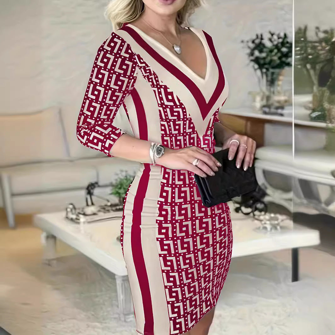 Women Figure-Fitting Sheath Dress with Deep V-Neck and Three-Quarter Sleeves Mune Fashion