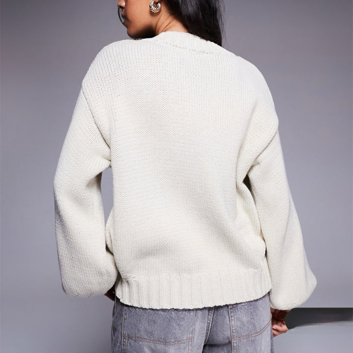 Women's Short-Cut Button Cardigan with Balloon Sleeves and Ribbed Trim Mune Fashion