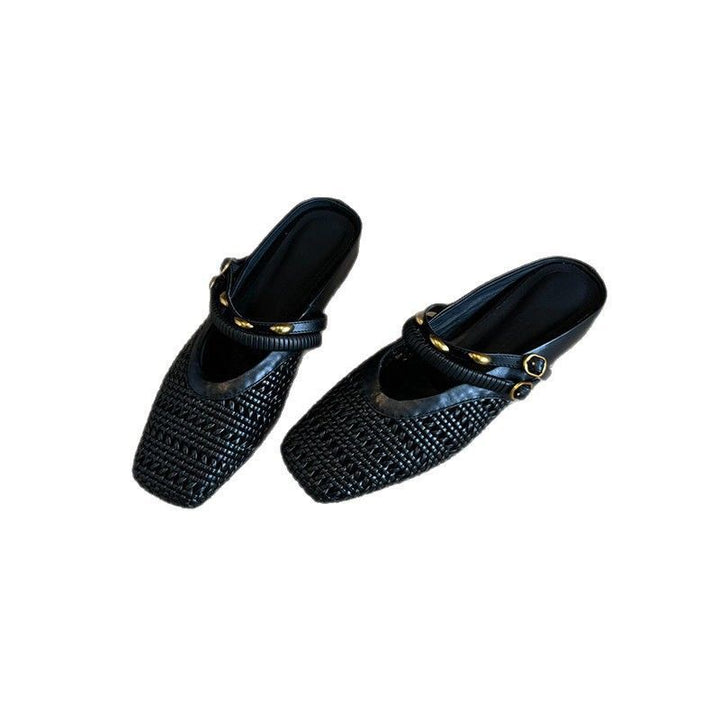 Women's Braided Mule Slippers with Square Toe and Double Adjustable Strap Mune Fashion