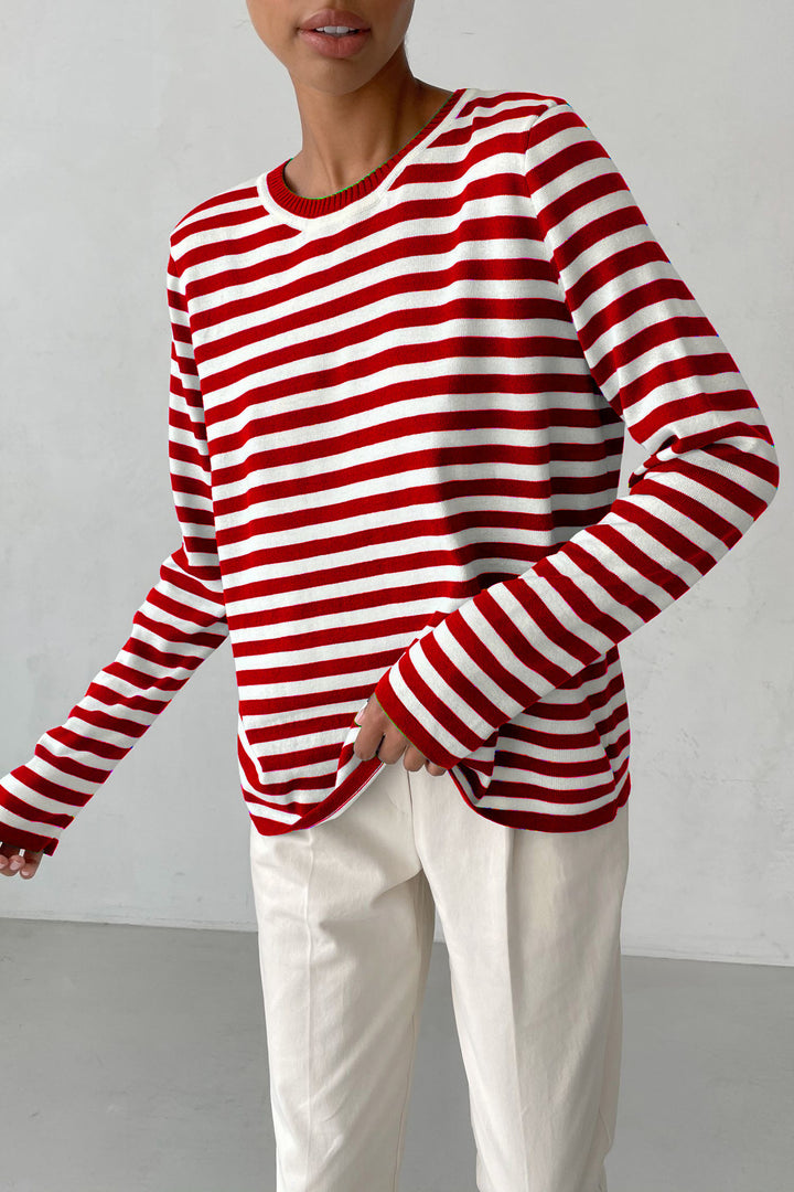 Women's striped cotton sweater with round neck and relaxed fit Mune Fashion