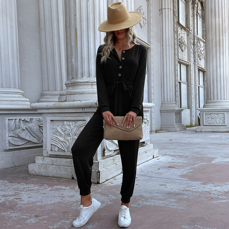 Women's Casual One-Piece Jumpsuit with Button Placket, Tie Belt and Ribbed Cuffs Mune Fashion