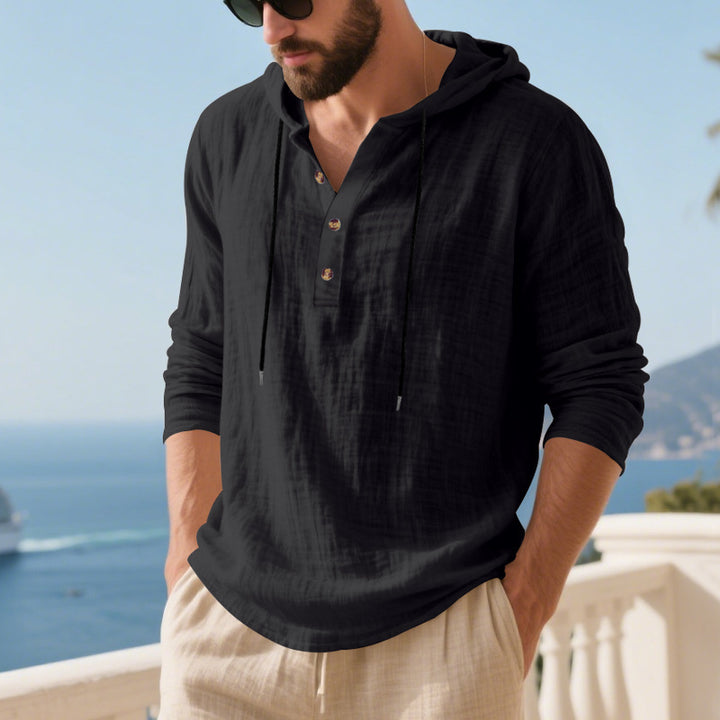 Men's casual hooded Henley shirt in linen look with continuous button placket and relaxed fit Mune Fashion