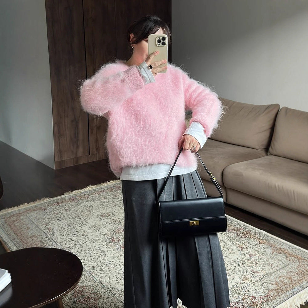 Women's Oversized Mohair Sweater with Fluffy Texture and Round Neckline Mune Fashion