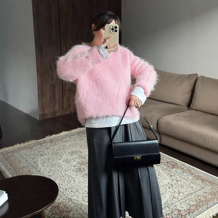 Women's Oversized Mohair Sweater with Fluffy Texture and Round Neckline Mune Fashion