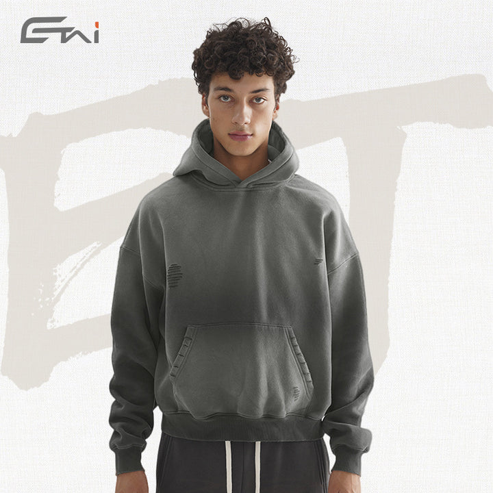 Men's Oversize Hooded Sweatshirt with Washed-Out Vintage Effect and Destroyed Details Mune Fashion