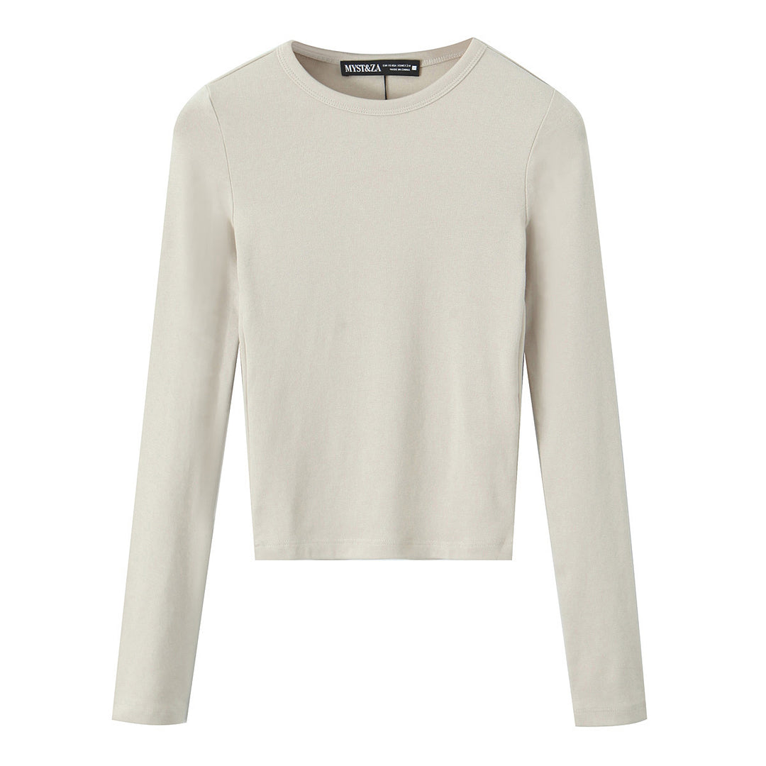 Women Striped Cropped Long Sleeve Shirt with Round Neckline Mune Fashion