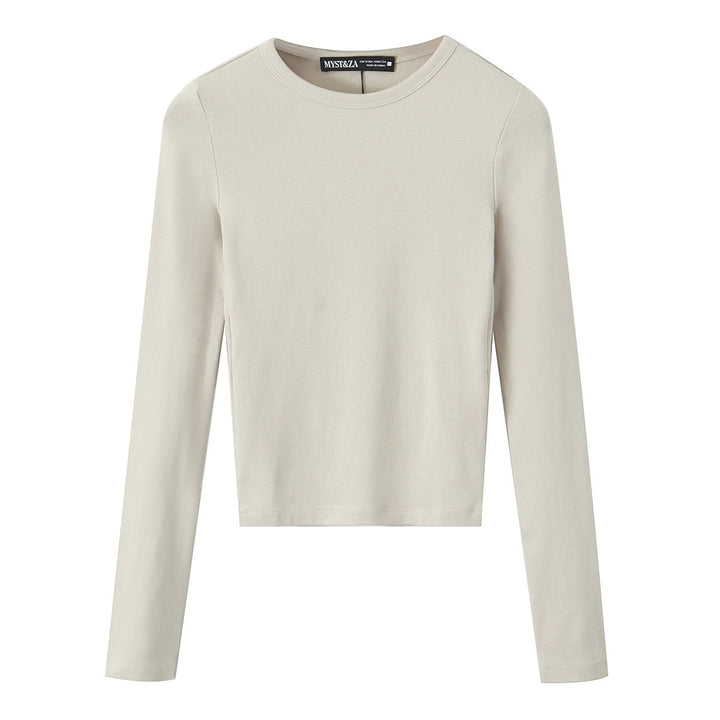 Women Striped Cropped Long Sleeve Shirt with Round Neckline Mune Fashion