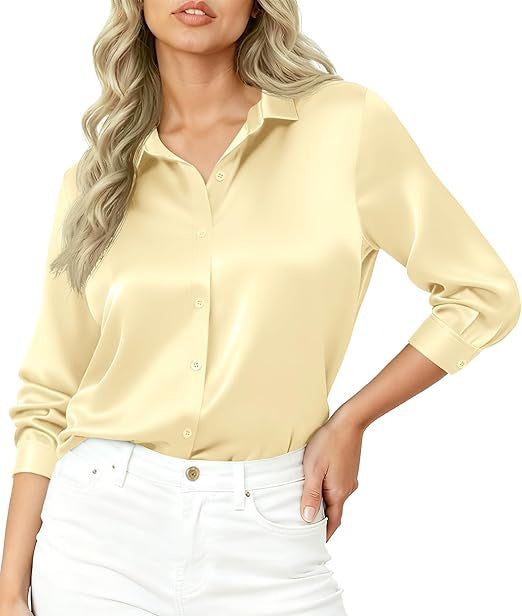 Women Elegant Satin Blouse with Long Sleeves Mune Fashion