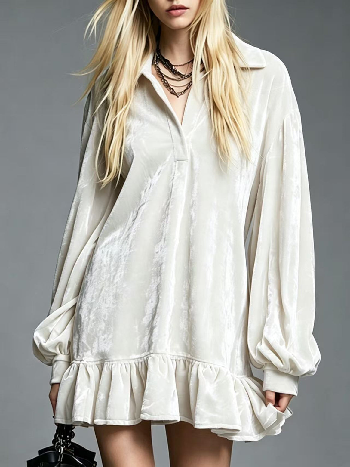 Ladies Velvet Mini Dress with Ruffled Hem, Balloon Sleeves and Shirt Collar Mune Fashion