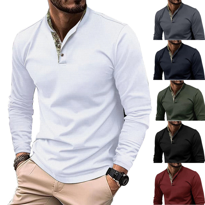 Men's long-sleeved Henley polo shirt with stand-up collar, fine texture, and patterned inner collar Mune Fashion