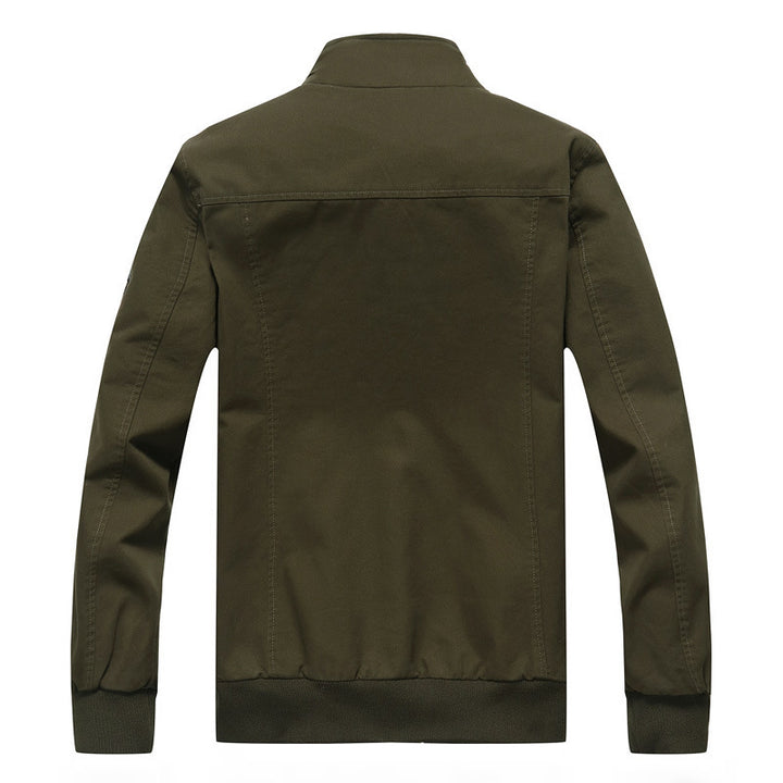 Men's canvas bomber jacket with checked lining, stand collar and badge appliqués Mune Fashion