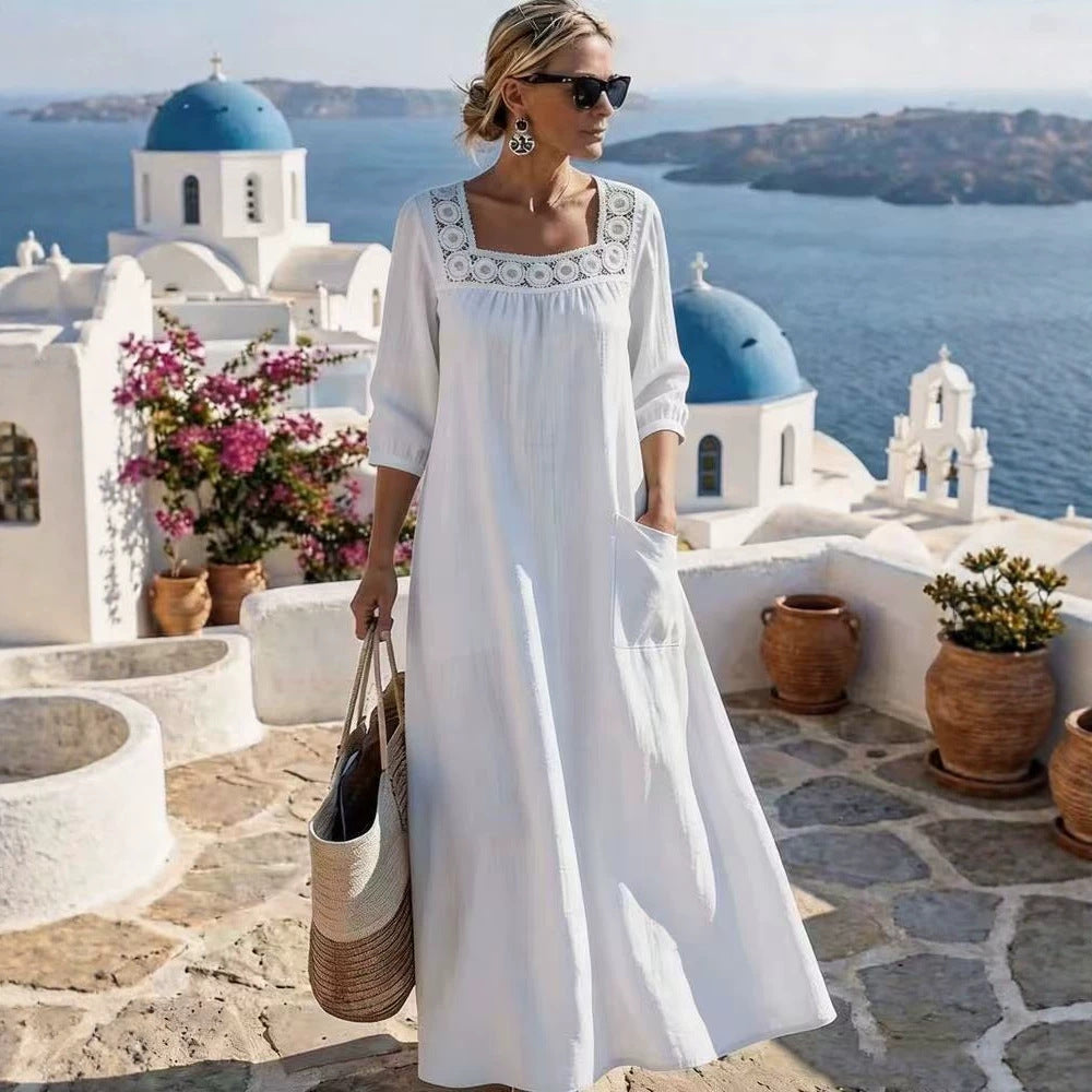 Women's maxi dress with crochet square neckline, three-quarter sleeves, and pocket Mune Fashion