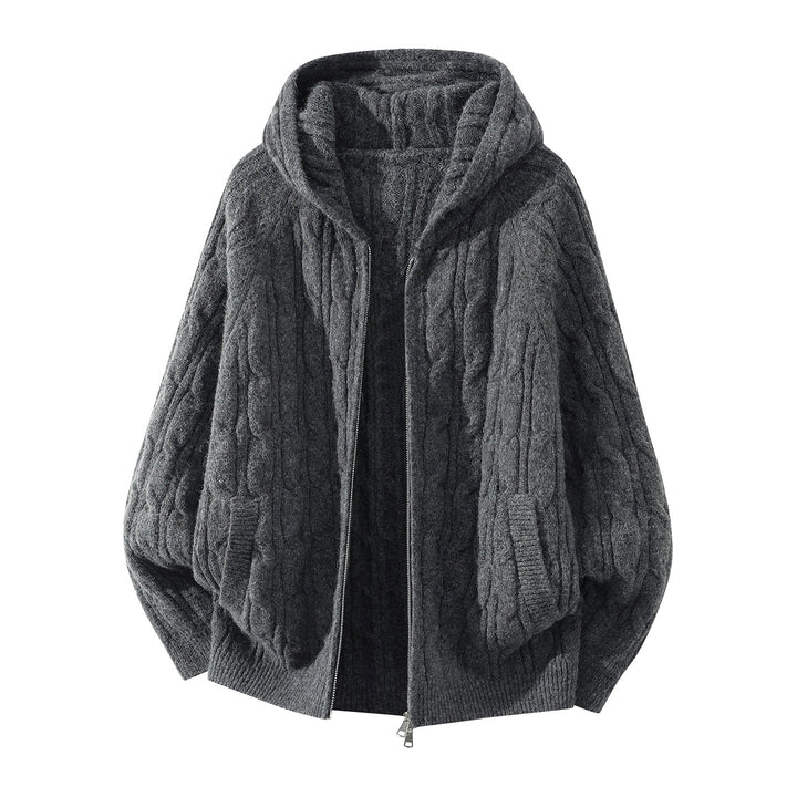Women's Oversized Hooded Cardigan with Cable Knit Pattern and Separating Zipper Mune Fashion