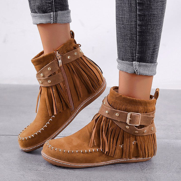 Women's Fransen-Moccasin-Ankle Boot with Decorative Strap, Buckle and Soft Rubber Sole Mune Fashion