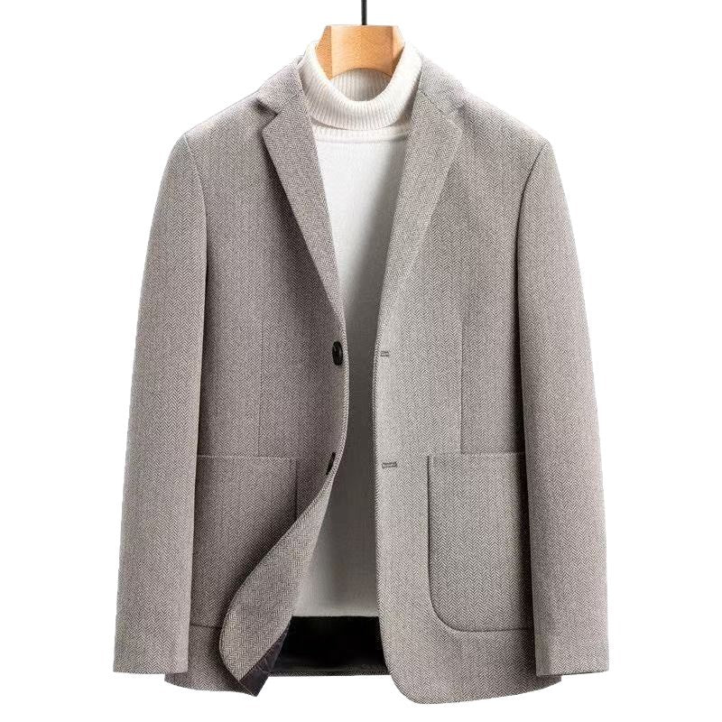 Men's Casual Wool Blend Blazer in Herringbone Pattern with Patch Pockets Mune Fashion
