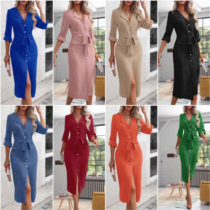 Women's shirt dress with waist belt, rolled sleeves and front slit Drune
