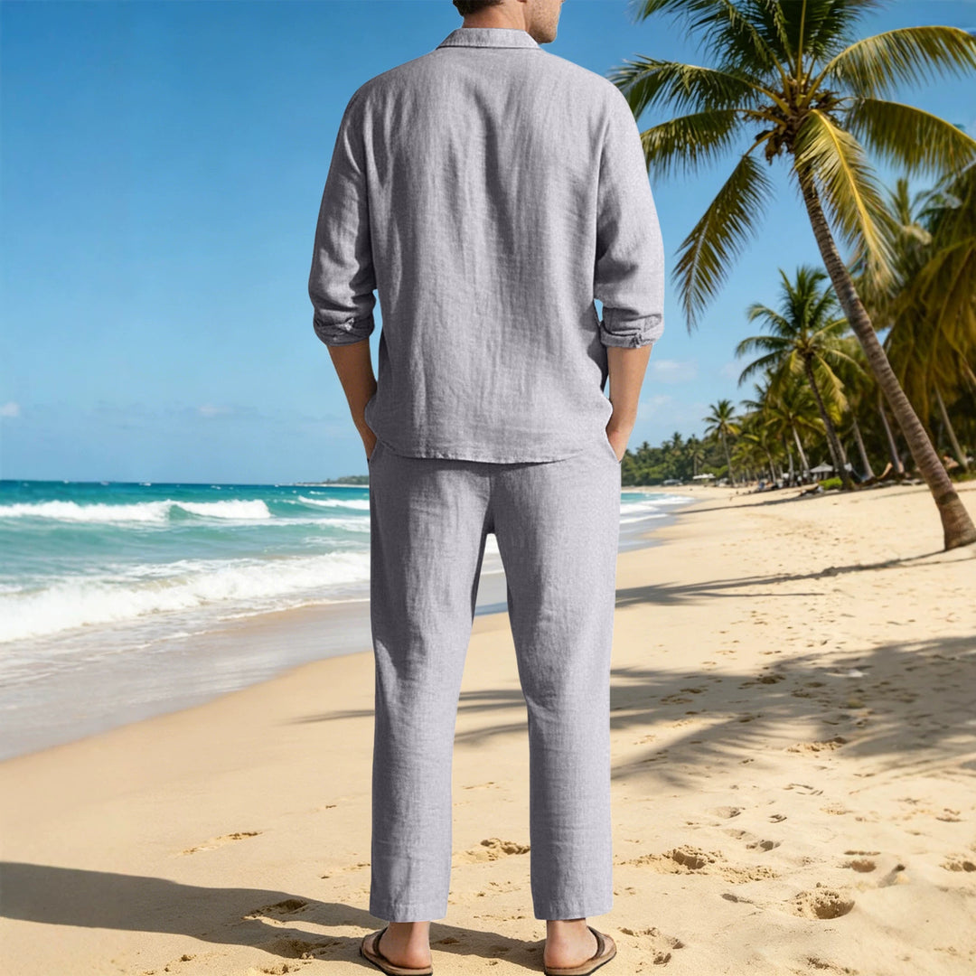 Men's relaxed linen set with open shirt collar and loose drawstring pants Mune Fashion