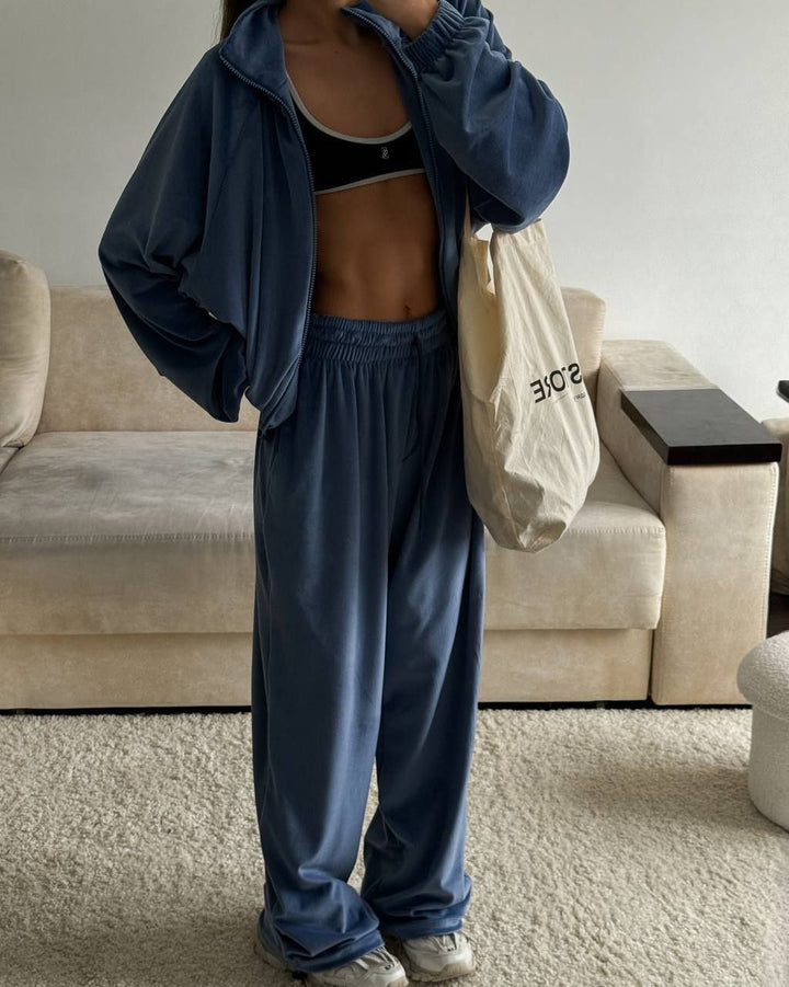 Women's Casual Lounge Two-Piece Set with Oversized Zip Jacket and Wide Leg Pants Mune Fashion