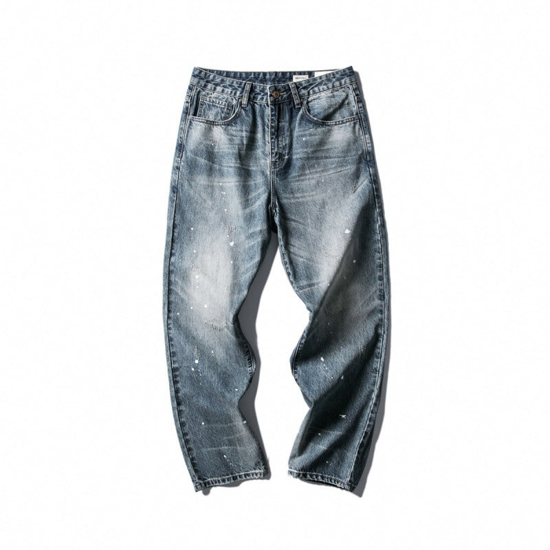Men's Wide Baggy Jeans with Used Wash, Paint Splatter Effect and Relaxed Silhouette Mune Fashion
