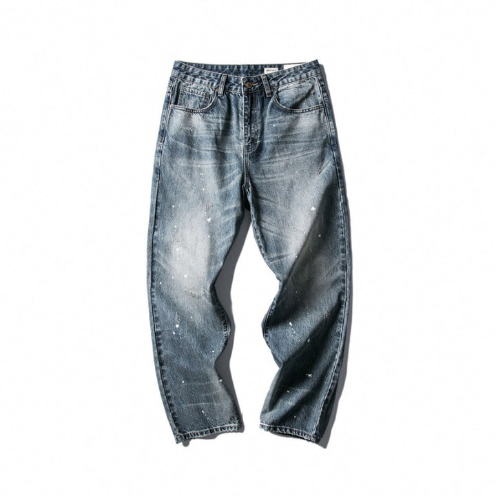 Men's Wide Baggy Jeans with Used Wash, Paint Splatter Effect and Relaxed Silhouette Mune Fashion