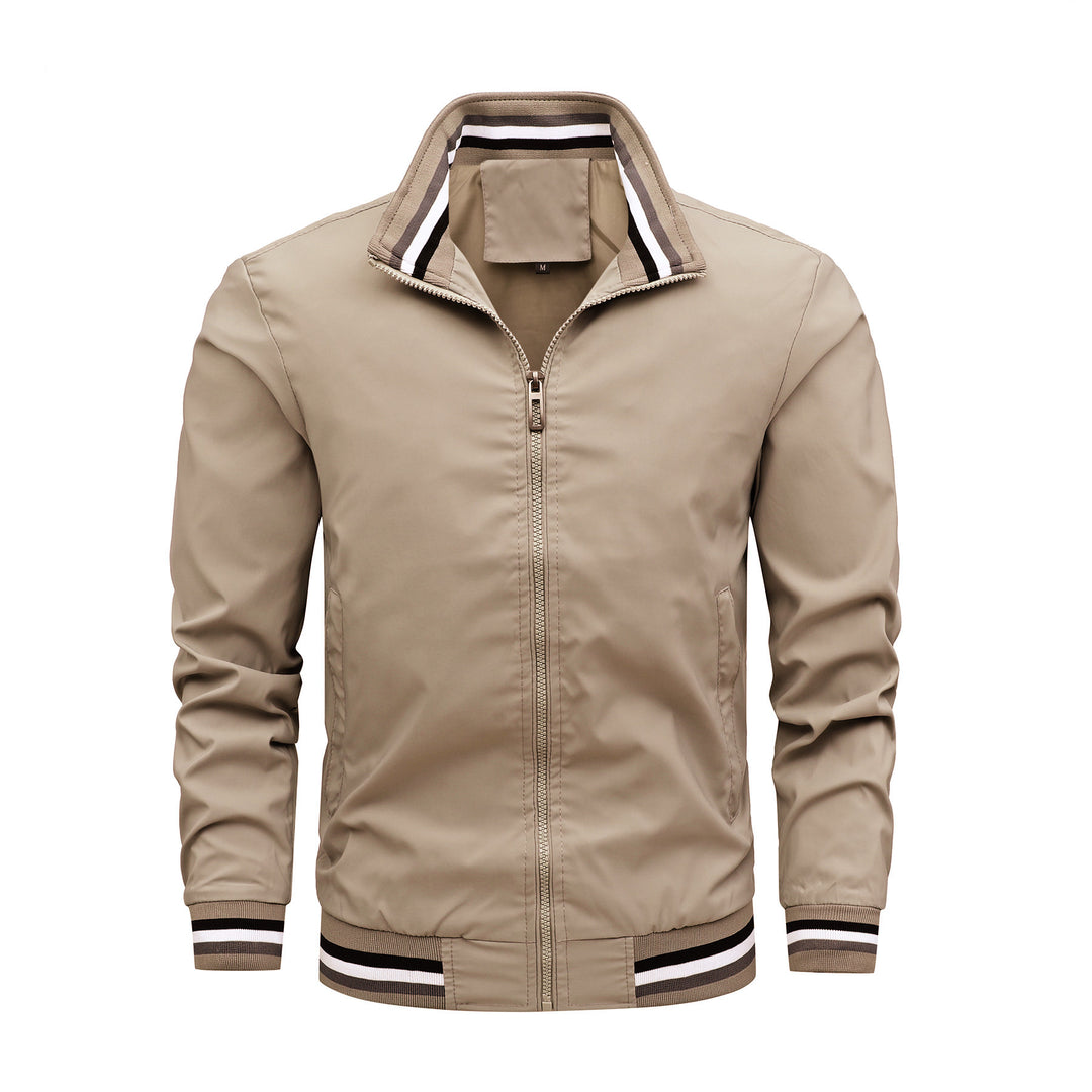 Men's Casual Bomber Jacket made of wind-resistant nylon with striped ribbed cuffs and stand-up collar Mune Fashion