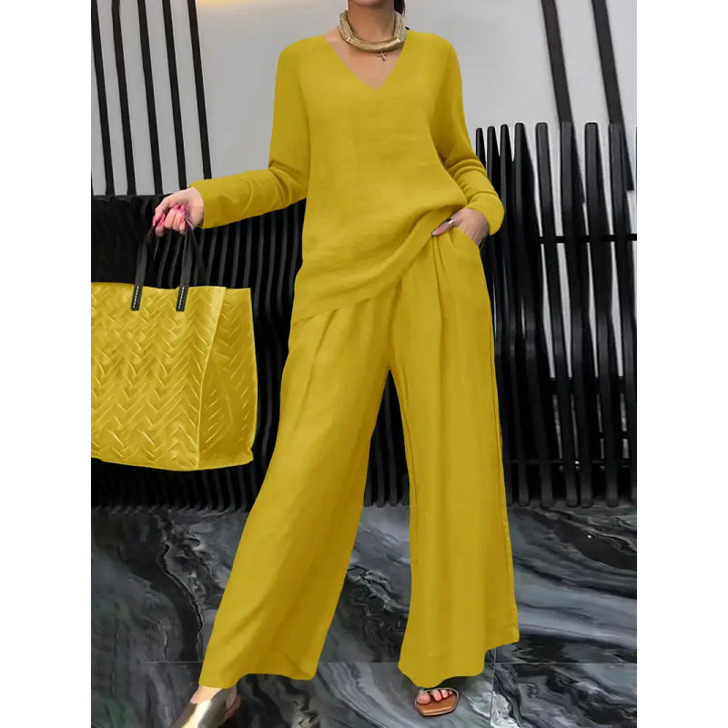 Women's Fine V-Neck Knit Sweater with Flowing Palazzo Pants Mune Fashion