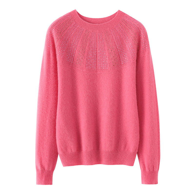 Ladies Soft Cashmere-Look Fine Knit Sweater with Ajour-Yoke and Sequin Trim Mune Fashion