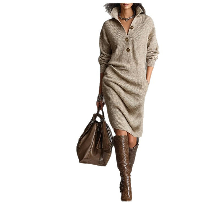 Women's knitted sweater dress with polo collar, patch pockets and casual fit Mune Fashion