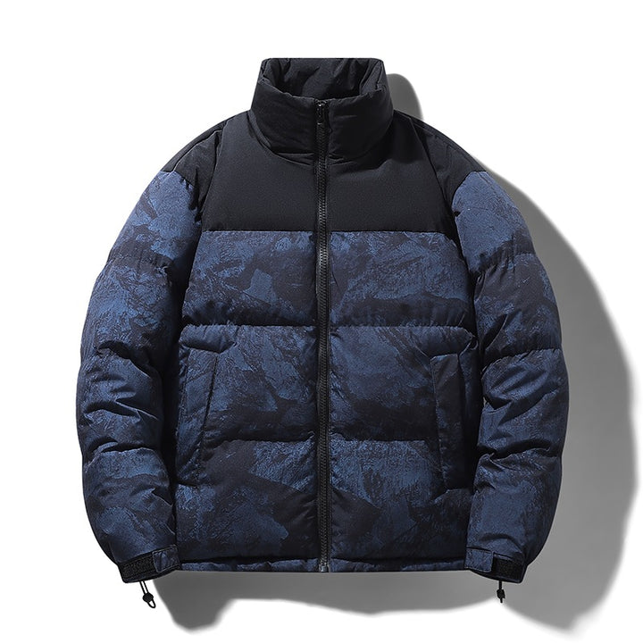 Men's Padded Quilted Jacket with Camouflage Print, High Stand-Up Collar & Adjustable Hem Mune Fashion