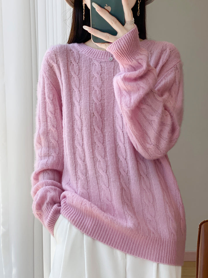 Women's Plus Size Cable Knit Sweater in Mohair Look with Ribbed Hem Mune Fashion