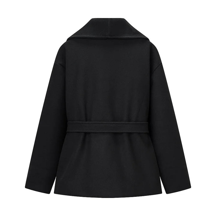 Women's cropped wool blend coat with dropped shoulder, large shawl collar and tie belt Mune Fashion