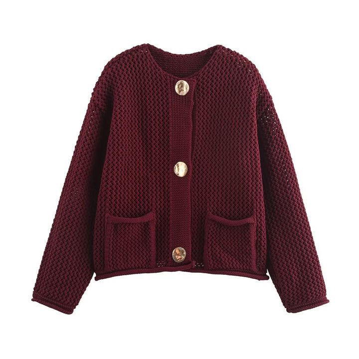 Women Short Cut Structured Cardigan with Gold Decorative Buttons and Patch Pockets Mune Fashion
