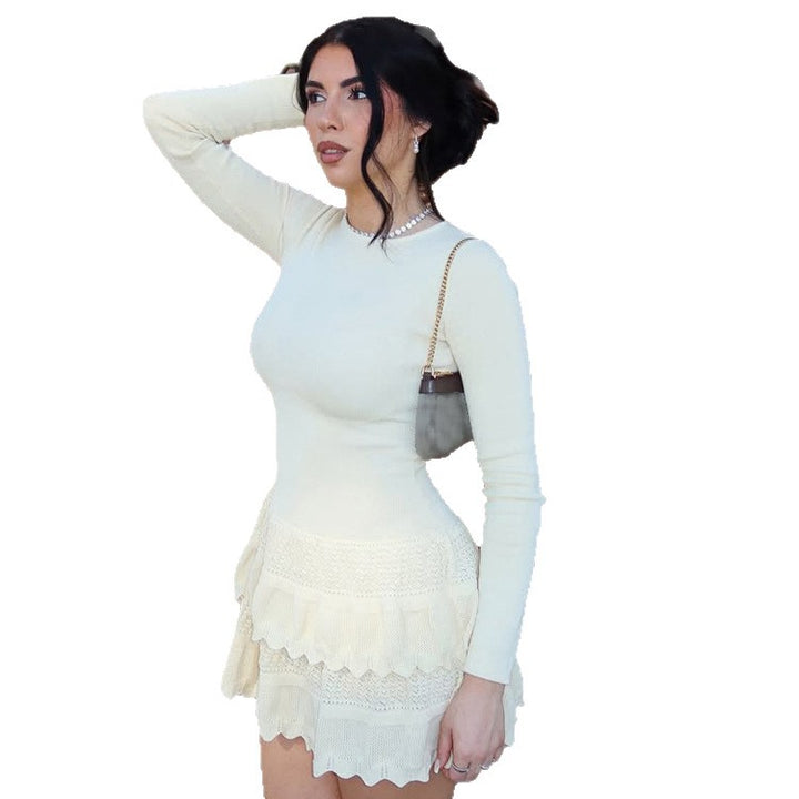 Women Figure-Hugging Knit Mini Dress with Ruffle Layers and Long Sleeves Mune Fashion
