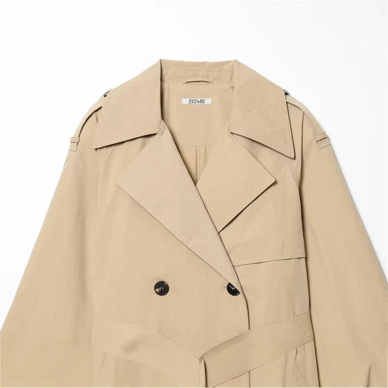 Women's Cropped double-breasted trench blazer with tie belt and epaulettes Mune Fashion