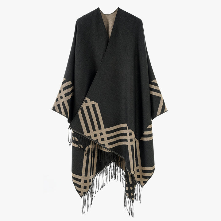 Women's Oversize Kimono Poncho made of wool blend with graphic grid jacquard and fringe hem Mune Fashion