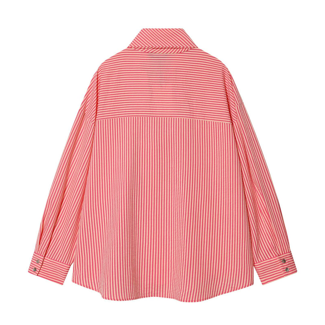 Women's Oversized Blouse with Bow Collar and Fine Stripes Mune Fashion
