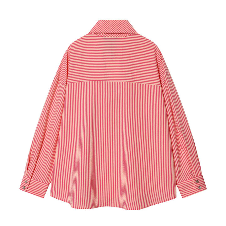 Women's Oversized Blouse with Bow Collar and Fine Stripes Mune Fashion