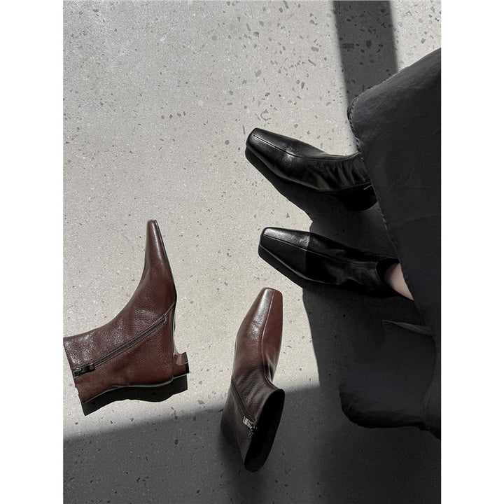Women's Elegant Leather Ankle Boots with Square Toe Shape, Short Sculpted Heel, and Inside Zipper Mune Fashion